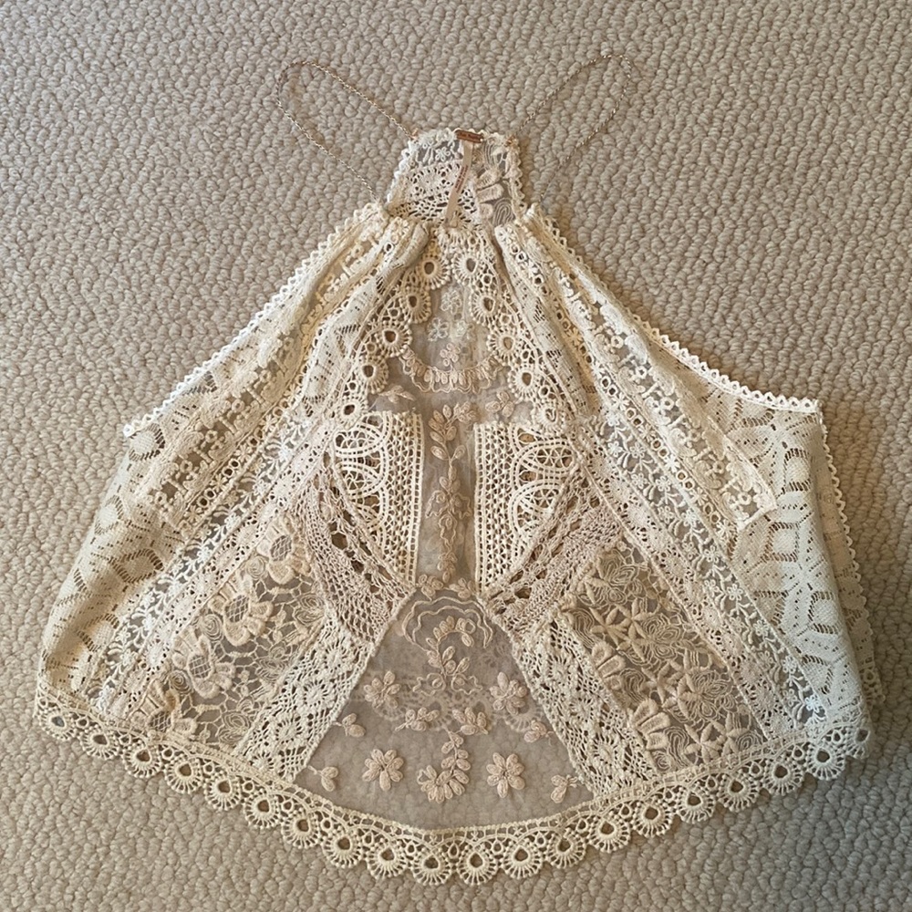 Free People Size XS crochet, beaded, lace halter top w/ gold thread. Never worn
